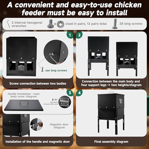 30-40LBS Large Chicken Feeder No Waste 12-Ports Automatic with Magnetic Baffle to Prevent Rodents and Mice Large Poultry Feeder Adjustable Height Suitable for All Poultry, Weatherproof - color: 30-40LBS