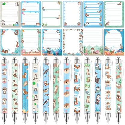 Dispowreath 24 Pcs Otter Sticky Notes with Pens Themed Gifts Self Adhesive Notepad Cute Memo Notes Pads Black Ink Ballpoint Pen for Otter Lover Gifts Office School Students Teacher Supplies - style: Otter
