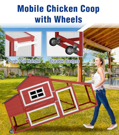 Chicken Coop with Run and Wheels Outdoor Poultry Hen House with Slide-Out Tray Chicken Cage Weatherproof Roof Predator-Proof for Backyard Red - color: 72.3"L Red & White