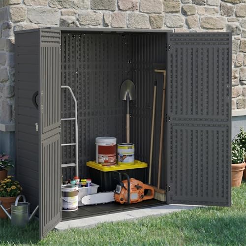 EHHLY Vertical Resin Storage Shed, 60 Cuft Garden Tool Sheds & Outdoor Storage, Plastic Outdoor Storage Cabinet Waterproof, 4.5 x 2.3 ft Backyard Outside Lawn Mower Storage Shed, Grey - color: Gray, size: 60 Cuft/No Shelves