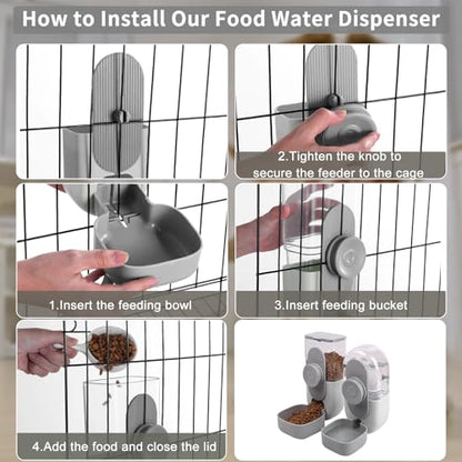 Lemtrflo Hanging Automatic Rabbit Feeder for Cage,Dog Cat Food and Water Dispenser,Rabbit Water Bottle Guinea Pig Food Bowl Set,Gravity Feeder for Cats Dogs (Gray) - color: Gray