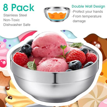 Funnymoom 8 Pack 24 oz Stainless Steel Bowls Double Walled Insulated Soup Ice Cream Metal Mixing Nesting Bowls for Serving Soup Rice Cereal (304 Stainless Steel) - size: 24 oz