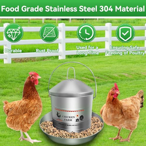 17.6 Lb Stainless Steel Poultry Feeder, Automatic Chicken Feeder No Waste, Hanging Chicken Feeder Heavy Duty Reliable Long-Lasting with Handle, Top Filled - size: 8KG/17.6 LB