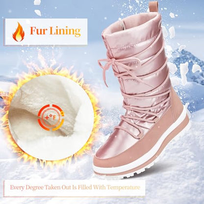 Waluzs Snow Boots for Women Fur Winter Boots Waterproof Ski Boots Women's Mid Calf Boots Furry White Lace up Boots with Zipper - color: Pink, size: 8.5