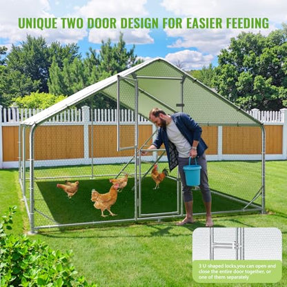 Large Metal Chicken Coop, 10x13x6.5ft Walk in Chicken Runs for Yard with Covers, Outdoor Chicken Pen with Roosting Perch and Split Door, Spire Roof Poultry Cage for Chicken, Duck