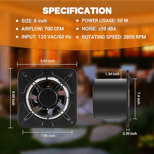 YOZON 8-Inch Kitchen Exhaust Fan with Switch, 700CFM Garage Exhaust Fan, Ventilation Fan with Backdraft Damper for Attic, Workshop, Window, Smoking Room - size: 8 inch-C