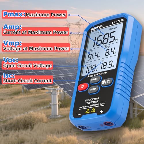 Solar MPPT Power Tester for Photovoltaic Modules, 2200 W, 150 V DC Max, 45 A, Automatic & Manual Power Measurement, Voc Isc Vmp Pmax, 3.2" LCD with Backlight, Portable PV Tester (SK-705X) - color: 2200W
