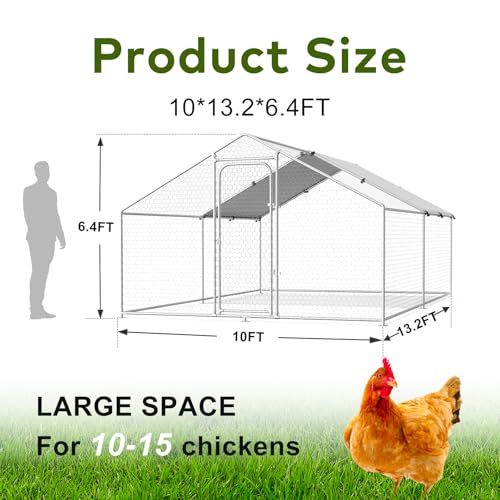 Large Metal Chicken Coop with Waterproof and UV-Resistant Cover,Chicken Run Outdoor Walk-in Cage Rabbit Duck Hen House for Backyard Farm Use, Spire Roof(10’ W x 13.2’ L x 6.4’ H) - size: 13x9.9Ft-Spire