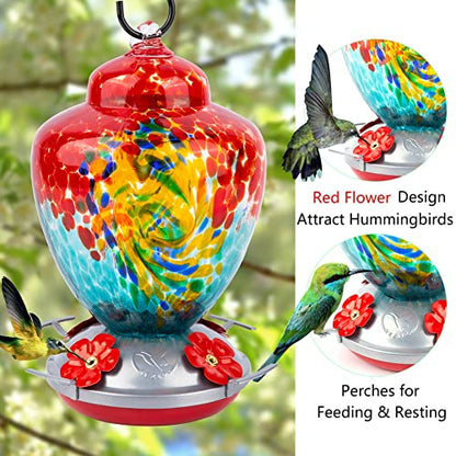 REZIPO Hummingbird Feeder with Perch - Hand Blown Glass - 38 Fluid Ounces Hummingbird Nectar Capacity Include Hanging Wires and Moat Hook (Half Red) - color: Half Red