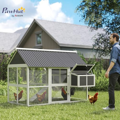 PawHut Chicken Coop with Run, Large Wooden Chicken House with 2 Nesting Boxes, 2 Roosting Bars, Ramp & Tray, Hen House Poultry Cage for 4-6 Chickens, 69" W x 84" x 59"