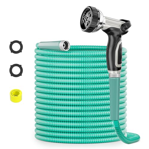 SPECILITE 50ft 304 Stainless Steel Garden Hose Metal, Heavy Duty Water Pipe with Nozzles for Yard, Outdoor - Flexible, Never Kink & Tangle, Puncture Resistant (Aqua) - color: Aqua, size: 50 ft