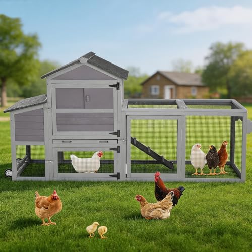 Mobile Chicken Tractor with 2 Nesting Boxes, 81" Large Wooden Chicken Coop for 2-4 Chickens, Predator Proof Poultry House with Wheels, Waterproof Roof & Removable Tray (Grey, 80.7"L x 22"W x 44.1"H) - color: Grey, size: 80.7"L x 22"W x 44.1"H