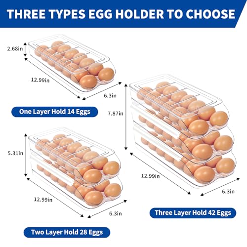 MesRosa Egg Holder for Fridge, Automatic Rolling Egg Organizer for Refrigerator, Clear Plastic Egg Container & Tray, Stackable Dispenser and Storage with Sturdy Lid to Saving Space -1 Layer - size: 1 Layer Holder 14 Eggs
