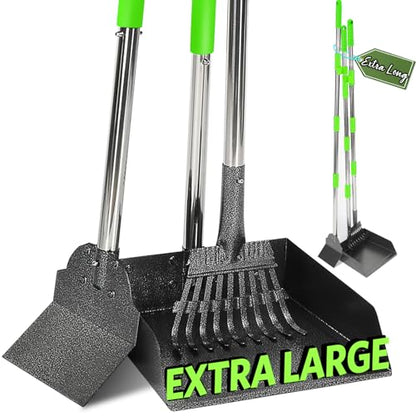 T2Y Pooper Scooper Extra Long Handle, Rake+Tray+Spade Set | 48" Tall No-Bend | 9.4'' Large Tray | Stainless Steel | Adjustable | Works on Grass, Gravel & Dirt | Easy to Install - size: Rake & Spade & Large Tray-Green