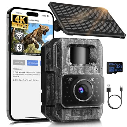 MAXDONE Solar Trail Camera WiFi Bluetooth - 4K 64MP Game Camera with 6000mAh Battery, Rechargeable Trail Cam with Night Vision Motion Activated IP66, Wildlife Cameras Deer Cams for Outdoor Backyard - color: Greige