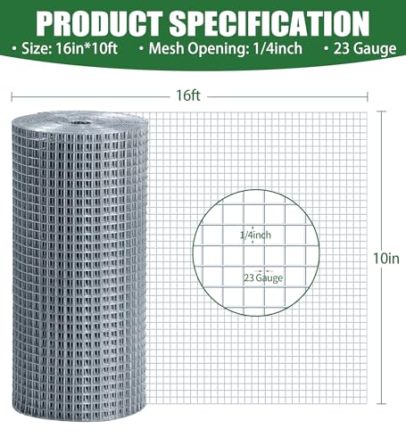 Hardware Cloth 1/4 Hot Dip Galvanized Wire Mesh Roll 23 GA Building&House Repaird Wire Fence Mesh - for DIY, Coops, Rabbit,Snake Fences, DIY Crafting,Plants Protective& Screen Mesh Silver - color: Silver(16IN*10FT-1/4)