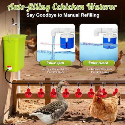 3.2Gal Automatic Chicken Waterer System Float Control Poultry Water Dispenser Complete Set Pipeline with Chicken Water Cups, Chicken Water Feeder for Chickens Ducks Geese Quail