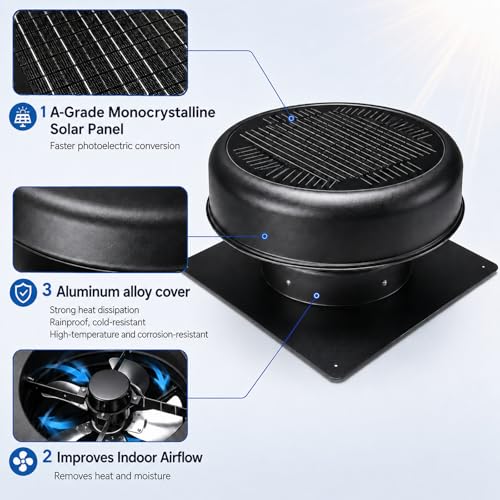 12" Flush Mount Round Solar Roof Vent Fan,30W Dual Power Black Attic Exhaust Fan,3-Speed Remote & 25°C Auto Ventilation,1200 CFM,MPPT Controller Solar Ventilator Solar Vent for Attic Garage - color: Black+Round 1