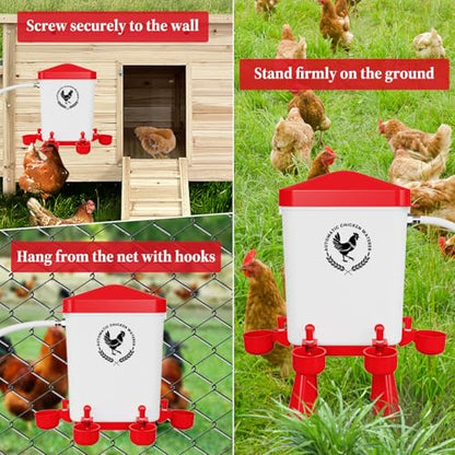 Chicken Waterer, 3 Gallons Automatic Chicken Waterers with 5ft Pipe, Float Controlled Automatic Poultry Water Feeder, 5 Chicken Waterer Cups (Red, 3 Gallons) - color: Red