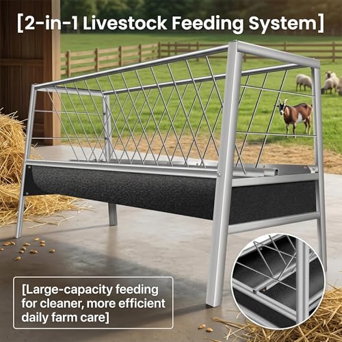Stainless Steel Goat Feeder, 77 Gallon Anti-Waste Livestock Feeder, 2-in-1 Hay Rack & Rubber Trough, Heavy Duty Elevated Design for Goats, Sheep, Cattle, Use in Barn, Shed, Outdoor Pen