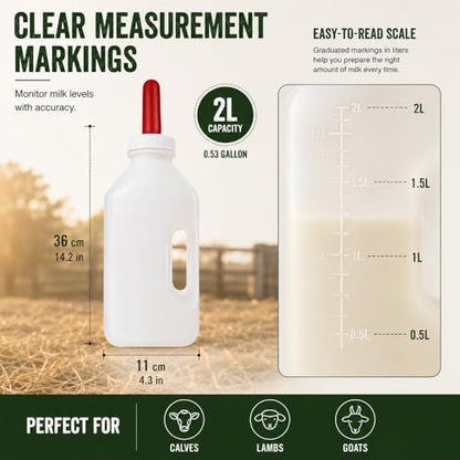 Calf Feeding Bottle with Screw Replacement Nipple, 2 Quart Heavy Duty Calf Milk Feeder with Handle, Leakproof Nursing Bottle for Calves, Lambs & Goats, Livestock Feeding Supplies (White)