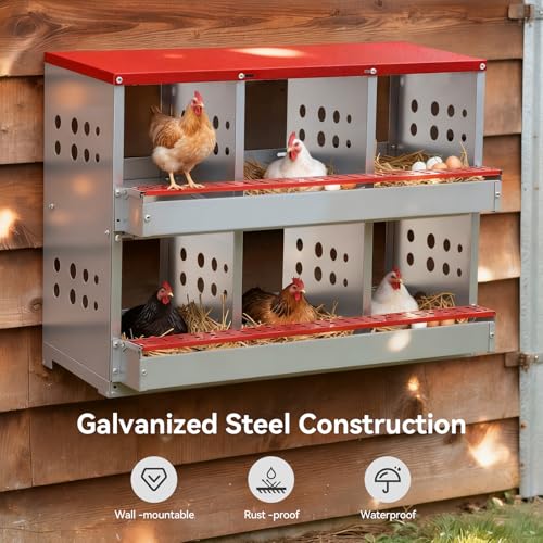 Chicken Nesting Boxes for Chicken Coop, 6 Compartments Wall-mountable Chicken Laying Boxes Easy Egg Collection with Ventilated Design, Weatherproof Galvanized Steel Metal Roosting Boxes
