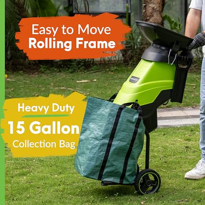 GreenSweep Electric Wood Chipper & Mulcher – 15A Powerful Garden Chipper for Branches, Sticks & Yard Waste – Compact, Quiet & Easy to Use with Collection Bag - color: Dark Green