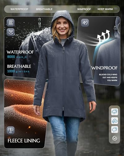 Outdoor Ventures Women's Softshell Jacket with Removable Hood Fleece Lined Windbreaker Insulated Long Warm Rain Jacket - color: Grey Blue Heather, size: 3X-Large