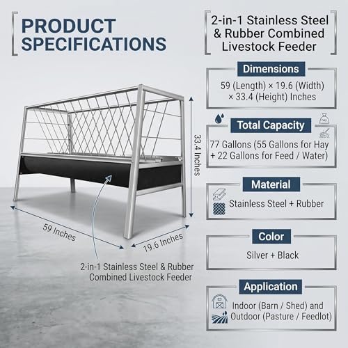 77 Gallon Rubber Trough Hay Feeder, Rust Resistant Stainless Steel Livestock Feeder, Anti-Waste Design Farm Feeder for Goats, Sheep, Calves and Horses