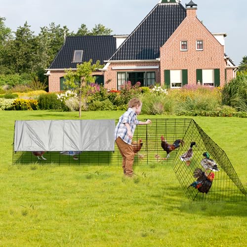 28" Height Metal Chicken Coop, Chicken Tunnels for Yard with Corner Frames & Waterproof Cover, Portable Chicken Run with 13 Ground Stakes & 40 Zip Ties, Poultry Cage for Outside Backyard, Hens,