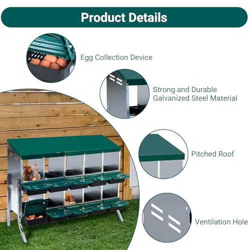 Chicken Nesting Box, 10 Compartment Roll Away Nesting Box for Eggs, Chicken Laying Box with Egg Collection, Cleanable Pull Out Hen Roosting Boxes ﻿ - color: Green, size: 47.2"L x 17.7"W x 35.4"H