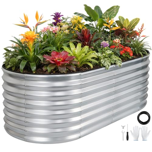Galvanized Raised Garden Bed Outdoor 24'' Deep | Oval Metal Garden Beds with Easy Assembly & Planter Box for Planting Deep Root Vegetables Fruits Flowers, 4x2x2ft Silver - color: Sliver, size: 4x2x2 ft