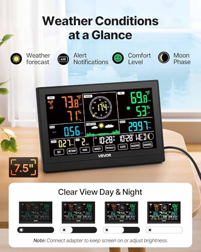 VEVOR 7-in-1 Wi-Fi Weather Station with APP, 7.5 in Display, Wireless Solar Powered Outdoor Sensor, with Pool Thermometer, Rain Gauge, Indoor Outdoor for Weather Forecast, Wind Speed, Pool Temperature - style: 7in1 WiFi with Pool Thermometer