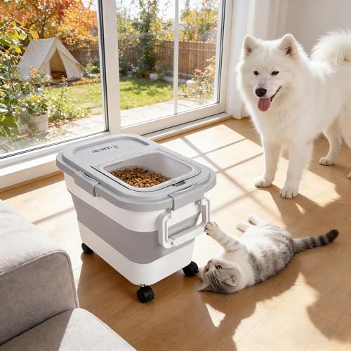 Dog Food Storage Container 20lbs, Airtight Pet Food Bin with Locking Lid & Clear Window, Collapsible Rolling Storage Container with Wheels & Scoop, Gray - color: Gray-S
