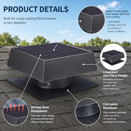 Solar Roof Vent Fan, 60W Dual Power Attic Fan with Thermostat &,A4 | 60W monocrystalline solar panel, dual power backup, 3-speed remote & 25°C auto-start, 2500m³/h high airflow, quiet <45dB - color: A4