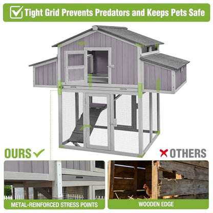 GUTINNEEN Large Foldable Chicken Coop Wooden with Nesting Boxes, Two-Tier Chicken House with Run, PVC-Covered Nest Box, Easy Clean Tray, Predator-Proof Outdoor Poultry Cage for 4–6 Chickens - size: 69.8"L x 42"W x 54.6"H