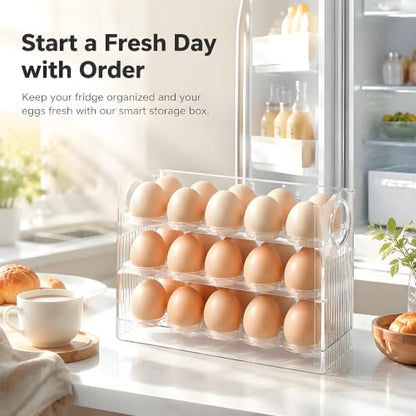 Egg Holder for Fridge, Holds 30 Eggs, 3-Tier Stackable Egg Organizer for Refrigerator with Date Tracker & One-Hand Access, BPA-Free PET Egg Storage Container for Countertop or Fridge, Clear