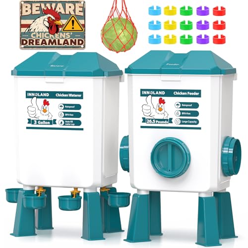 Chicken Feeder and Waterer Set - 3 Gallon/26.5 Pounds, Automatic Chicken Waterer with 4 Cups & 3 Feeder Ports, No Waste Poultry Feeders & Waterers, Chicken Coop Accessories for Hens/Ducks/Poultry