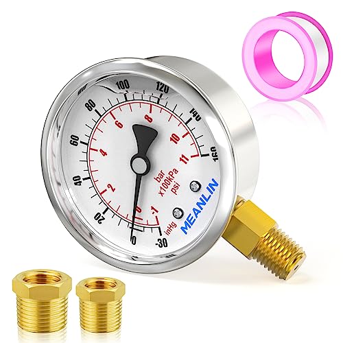 MEANLIN MEASURE -30inHG~160Psi Stainless Steel 1/4" NPT 2.5" FACE DIAL Vacuum Pressure Gauge, Lower Mount, with 1/2" NPT and 3/8" NPT Hex Bushing - size: -30inHG-160Psi
