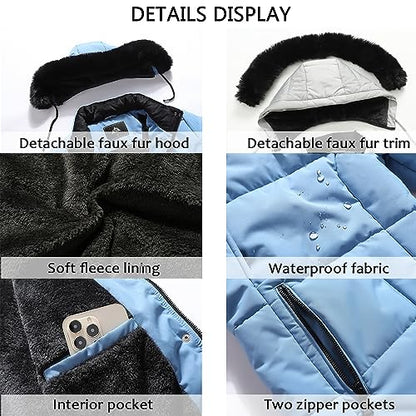 MOERDENG Women's Winter Puffer Coat Thicken Fleece Lined Down Jacket Waterproof Faux Fur Detachable Hooded Parka - color: Denim Blue, size: XX-Large