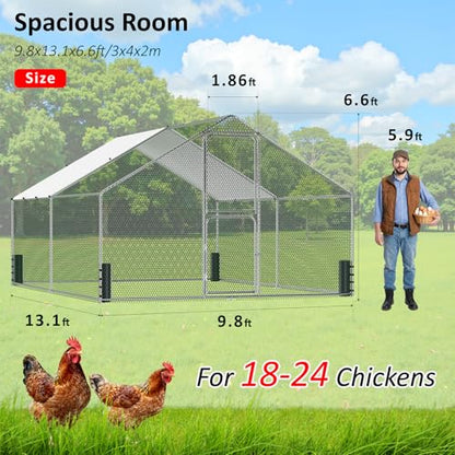 Large Metal Chicken Coop, Walk-in Chicken Run with Feeding Door, Security Lock and Cover, Outdoor Duck/Rabbit Cage Poultry Pen for Backyard, Farm, Yard (Silver - Spire Roof, 13.1 x 9.8 x 6.5 FT) - size: 157.4"L x 118.1"W x 78.7"H