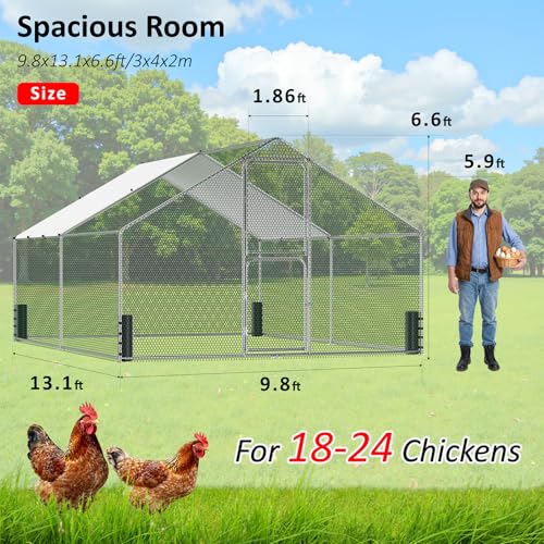 Large Metal Chicken Coop, Chicken Run with Feeding Door, Security Lock and Cover, Outdoor Walk-in Duck/Rabbit Cage Poultry Pen for Backyard, Farm, Yard (Silver - Spire Roof, 13.1 x 9.8 x 6.5 FT) - size: 157.4"L x 118.0"W x 78.7"H