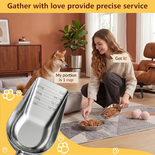 304 Stainless Steel Dog Food Scoop, 1 Cup Pet Food Measuring Cup with Long Handle for Dogs, Cats, Rabbits and Kitchen