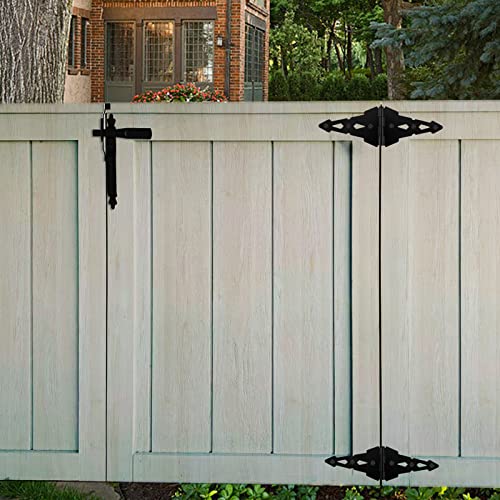 HOME MASTER HARDWARE Wood Gate Hardware Set - Heavy Duty 8" Decorative Strap Hinges and Spring Loaded Latch Kit with Screws for Outdoor Fence Swing Gate Black Finish