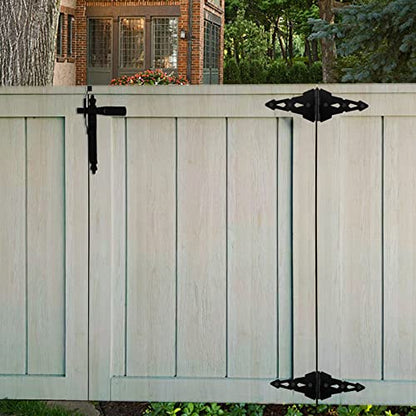 HOME MASTER HARDWARE Wood Gate Hardware Set - Heavy Duty 8" Decorative Strap Hinges and Spring Loaded Latch Kit with Screws for Outdoor Fence Swing Gate Black Finish