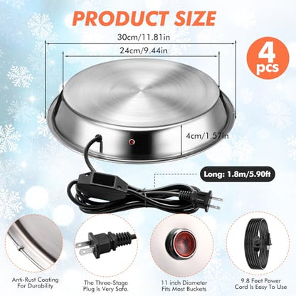 Sliner 4 Pack Chicken Water Heater for Winter 11.8'' Poultry Water Drinker Heated Base Stainless Steel Heated Base for Poultry Drinking