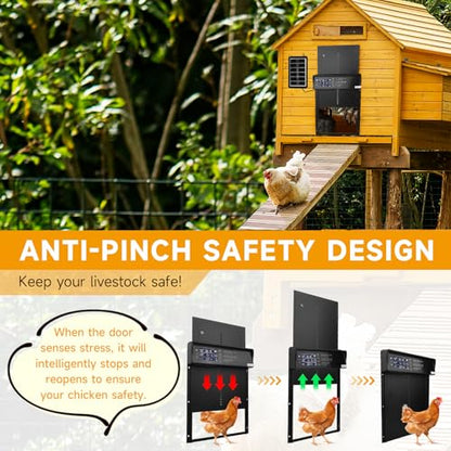 Automatic Chicken Coop Door Solar Powered, LCD Screen Auto Chicken Coop Door with Timer & Light Sensor, Anti-Pinch, Remote Control, Aluminum Waterproof, 4 Modes Solar Chicken House Door