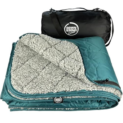 DOWN UNDER OUTDOORS Waterproof 350 GSM Fleece or Sherpa Stadium Blanket | Large Extra Thick, Windproof, Quilted, Machine Washable, Camping Picnic & Outdoor, Beach, Dog, secret pocket, 82 x 55 inches - color: Teal/Heather Grey