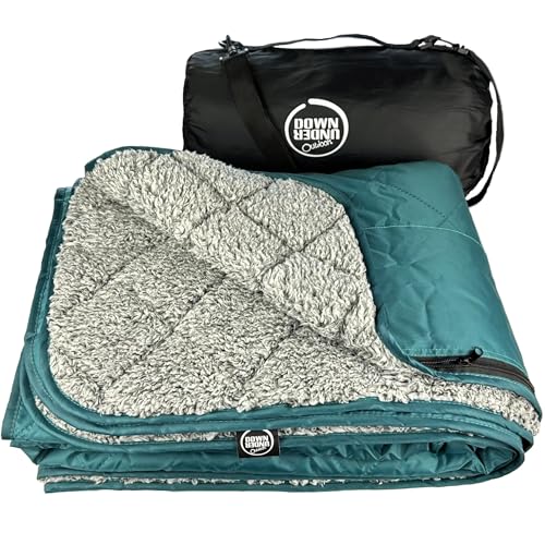 DOWN UNDER OUTDOORS Waterproof 350 GSM Fleece or Sherpa Stadium Blanket | Large Extra Thick, Windproof, Quilted, Machine Washable, Camping Picnic & Outdoor, Beach, Dog, secret pocket, 82 x 55 inches - color: Teal/Heather Grey