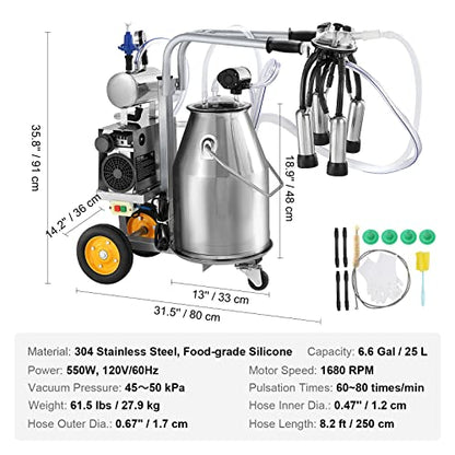 VEVOR Goat Milking Machine, 12 L 304 Stainless Steel Bucket, Electric Automatic Pulsation Vacuum Milker, Portable Milker with Food-Grade Silicone Cups and Tubes, Adjustable Suction for Cows and Sheep | Automatic Pulsation Vacuum, Portable Milker with Food